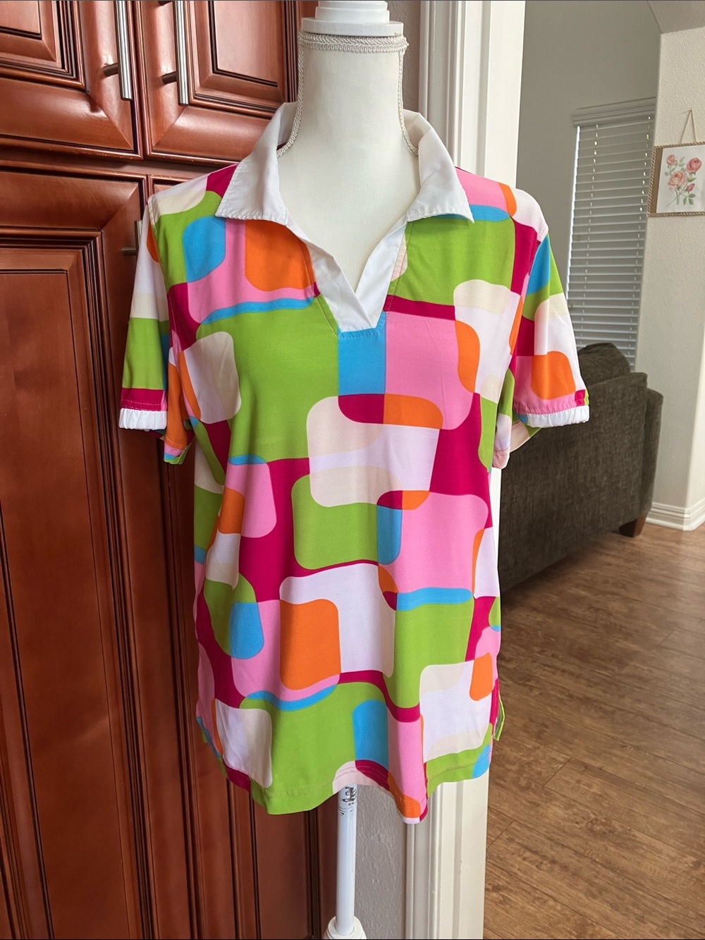 Y2k Custo Barcelona Vibrant Retro Print women’s Polo Top in Pink, Green & Orange